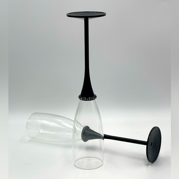 Set of 2 - Deco Glam Glass Champagne Flutes with Black Metal Stem & Rhinestones - Picture 9 of 14